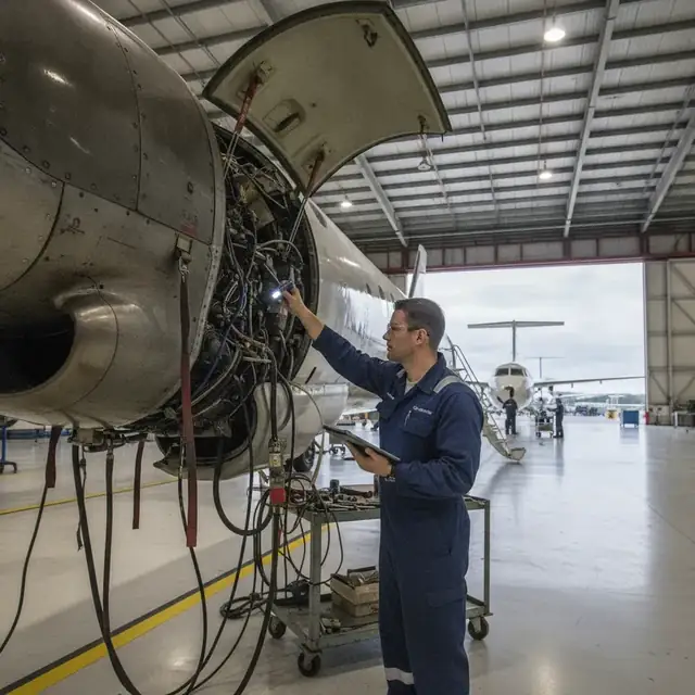 Engineer inspecting turboprop in Melbourne hangar